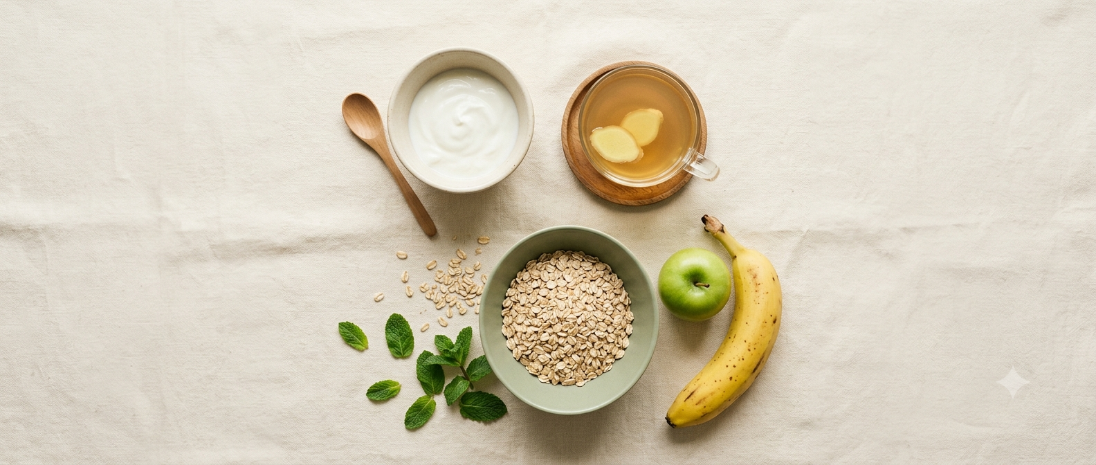 A warm flatlay of ginger tea, yogurt, oats and fresh fruit for easing bloating